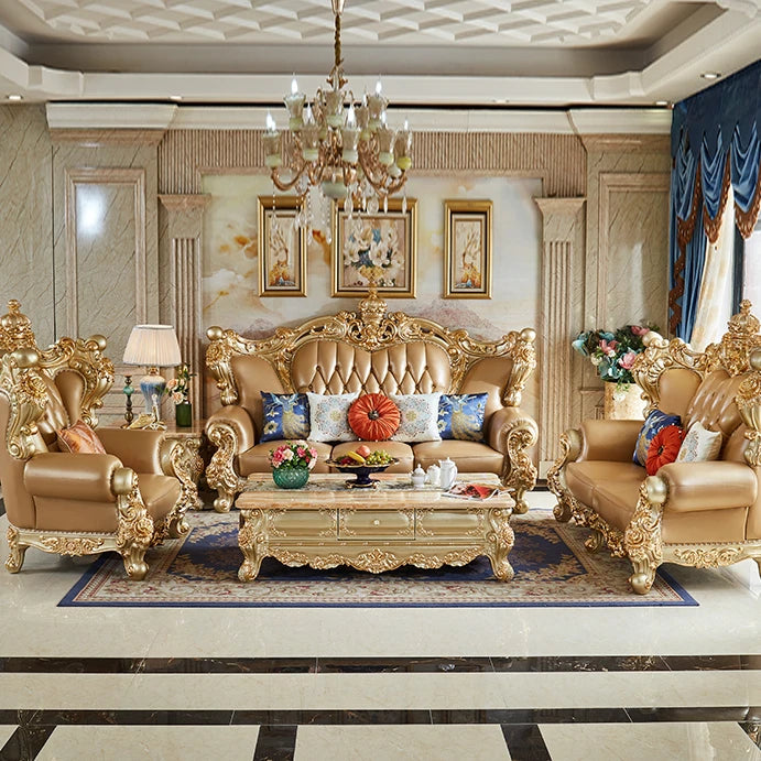 European Style Genuine Leather Sofa Set – Luxury Villa Furniture with Full Solid Wood Carvings