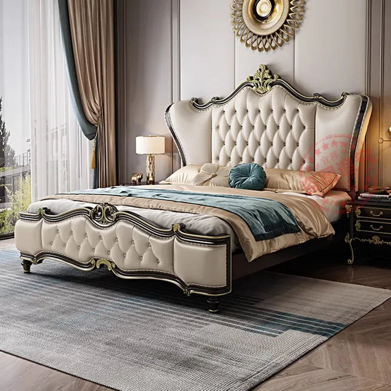 European Double Bed – King Size Wood Storage Organizer, Princess Style Bedroom