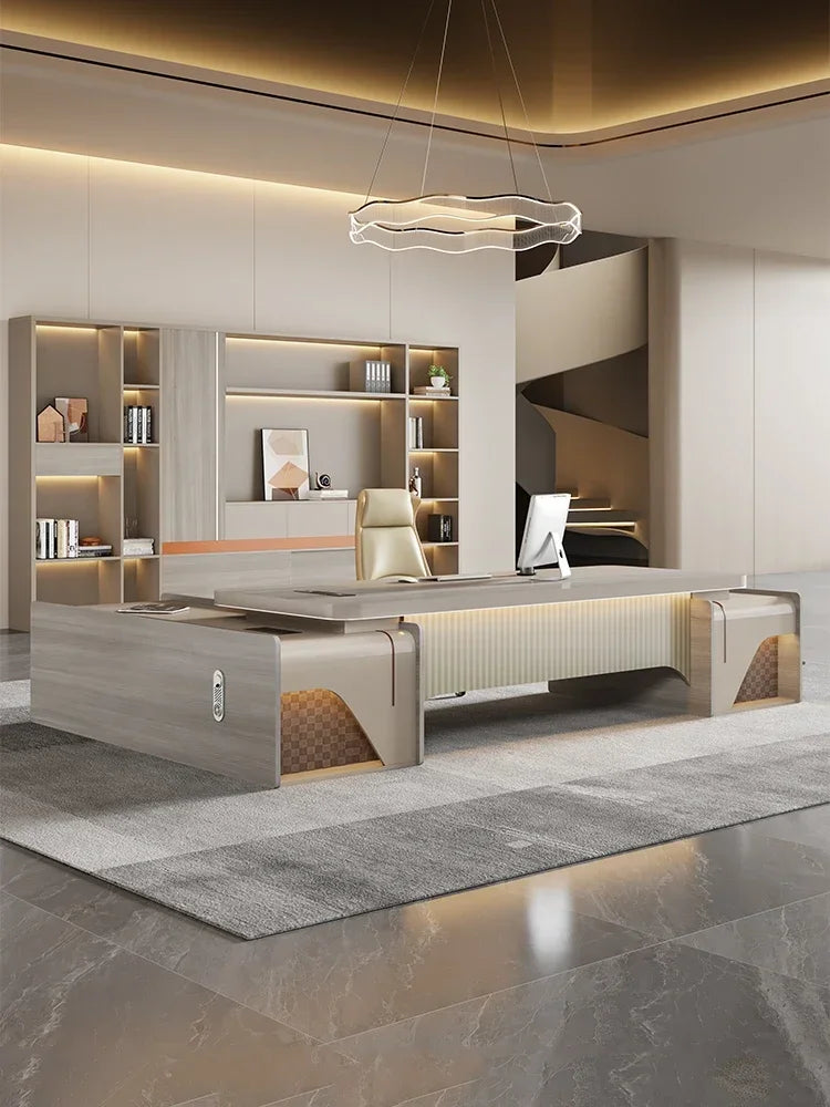 Modern L-Shaped Office Desk – Features Double Cabinet Legs for Added Storage