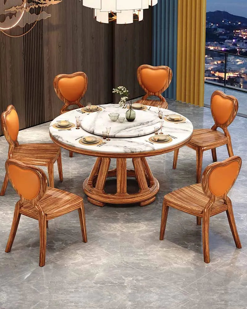 New Chinese Style Dining Set – Marble Round Solid Wood Table with Turntable