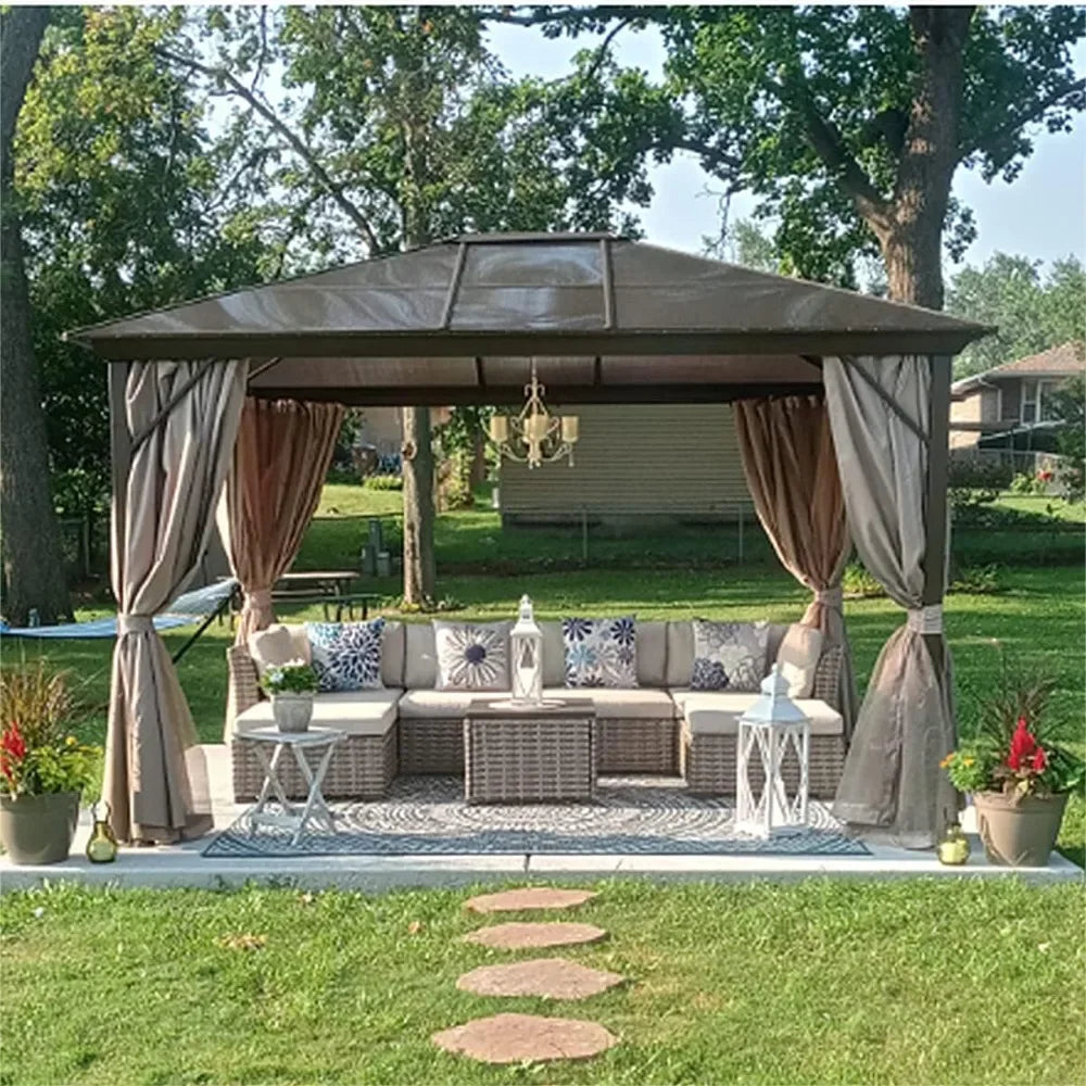 Outdoors Tents,10x12 Hardtop Gazebo,Aluminum Frame Permanent Pavilion with Curtains and Netting,Sunshade , Outdoors Gardens Tent