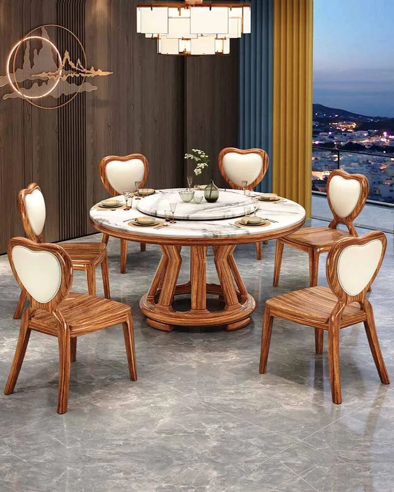 New Chinese Style Dining Set – Marble Round Solid Wood Table with Turntable
