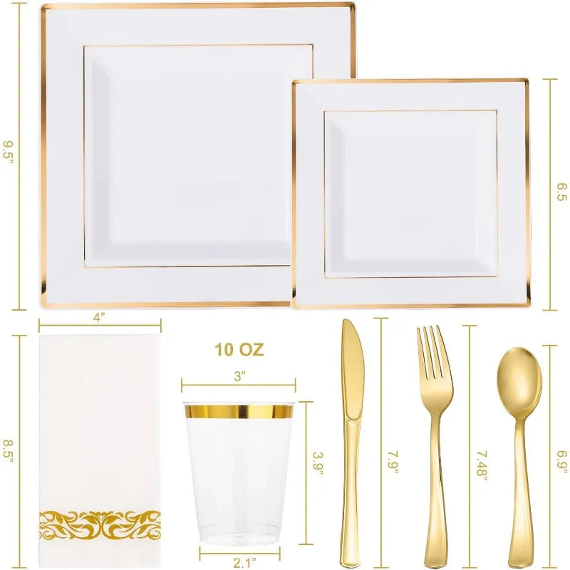 50-Guest Gold Dinnerware Set – 100 Square Plastic Plates with Gold Rim, Forks, Spoons, Knives, Cups & Napkins
