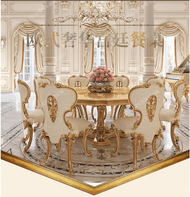 European Solid Wood Round Dining Set – Hand-Carved Retro Design