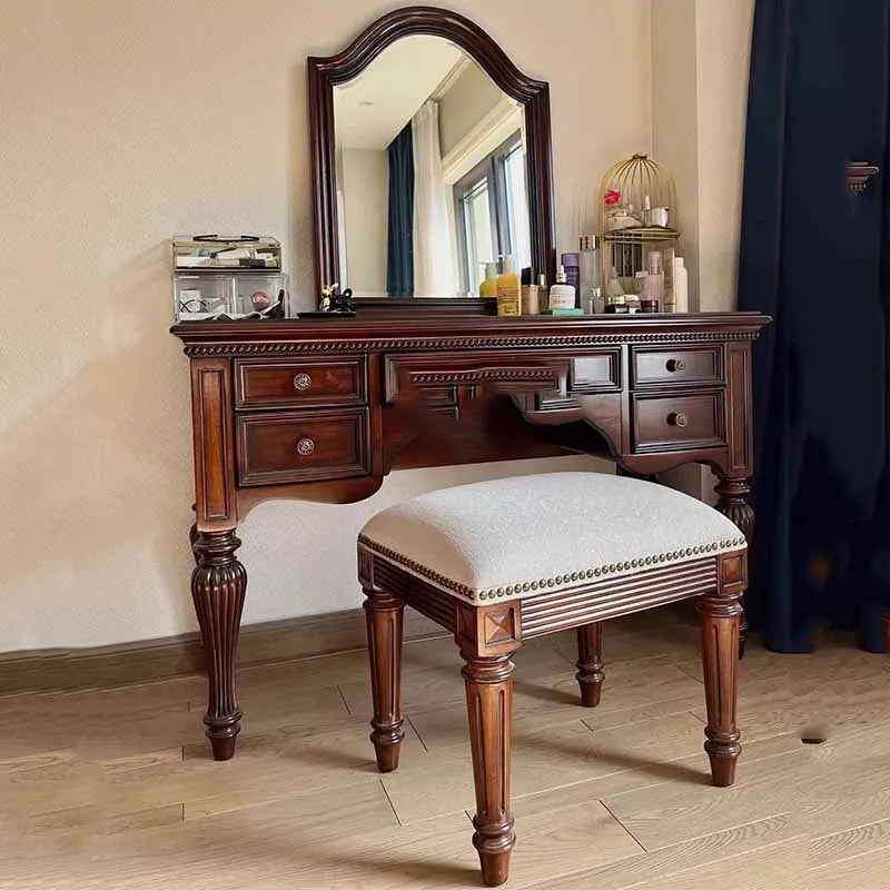 Brown Stool Dresser: Wooden Luxury Dressing Table with Drawers and Mirror