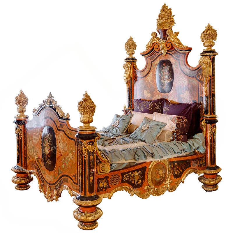 French Painted Double Bed – European Solid Wood, Carved, Luxury Royal Wedding Bed