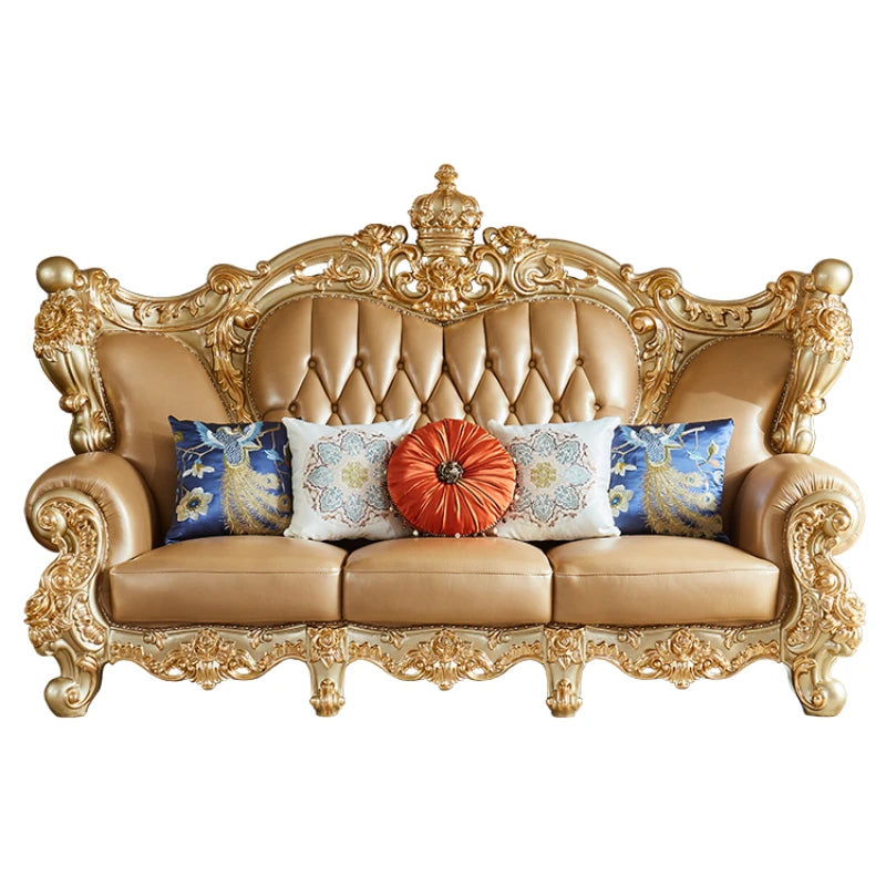 European Style Genuine Leather Sofa Set – Luxury Villa Furniture with Full Solid Wood Carvings