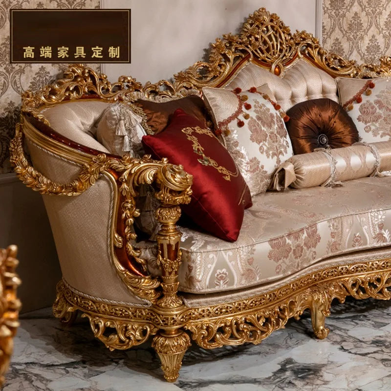 European Classic Fabric Sofa – French Luxury Solid Wood Carved Sofa for High-End Villas