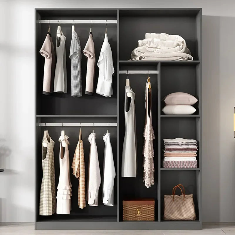 Bedroom Closet System – Sliding Door Wardrobe with Open Shelves, Hangers, and Cabinets