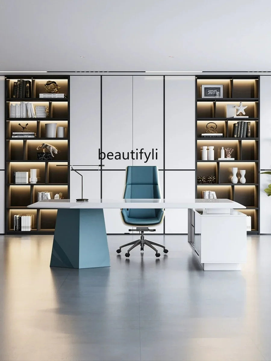 Simple Modern Light Luxury Office Desk – White Executive Desk for Bosses