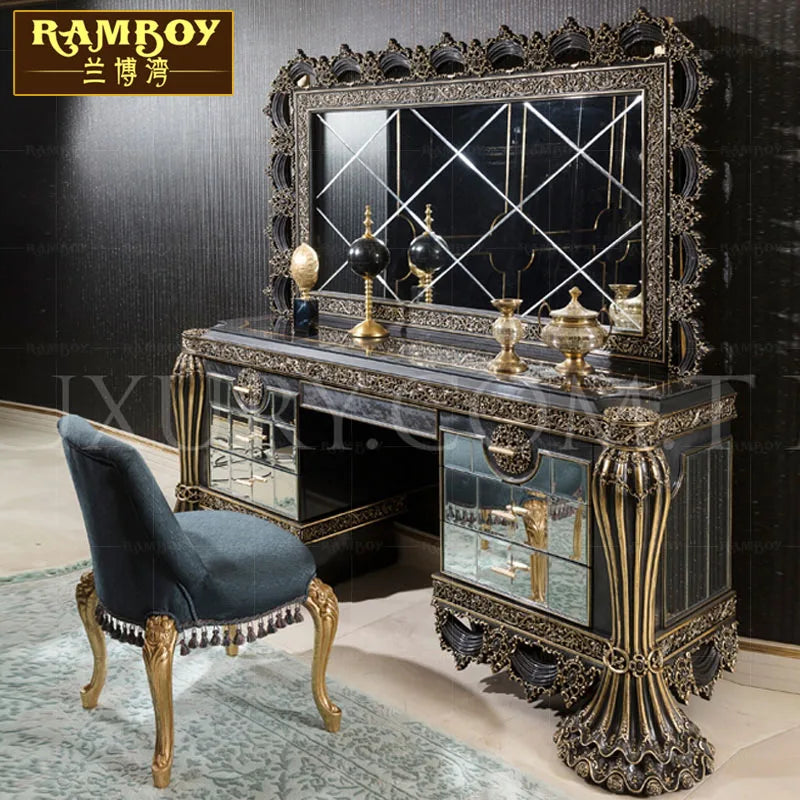 European style solid wood carved dressing table French makeup table all solid wood carved bedroom furniture custom