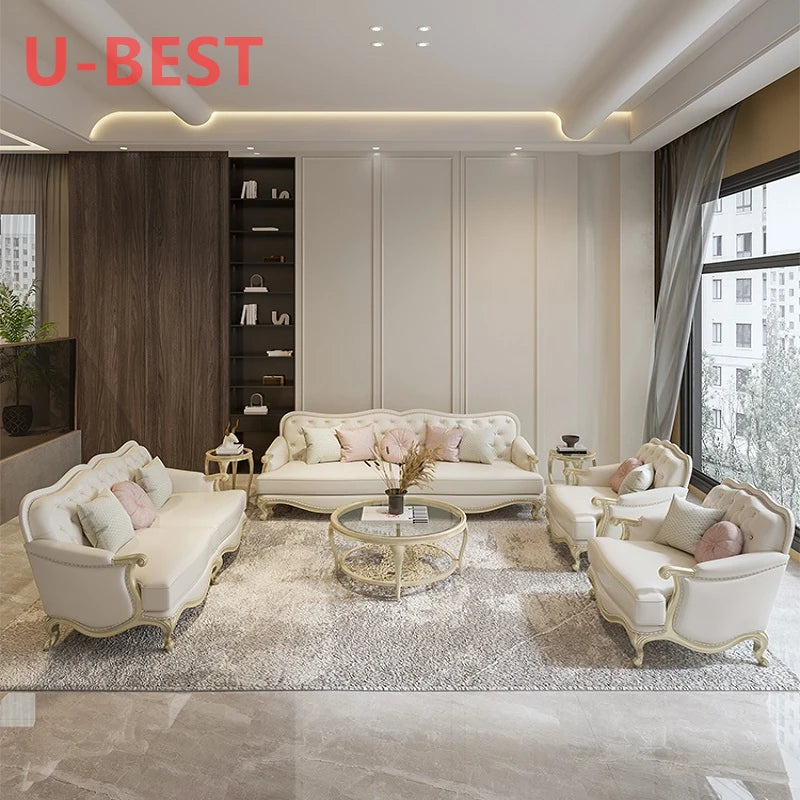 U-BEST Antique Style Hand Carved Solid Oak Wood Frame Sofa Fabric Cushion Loveseat Royal Gold Stainless Steel Wedding Sofa