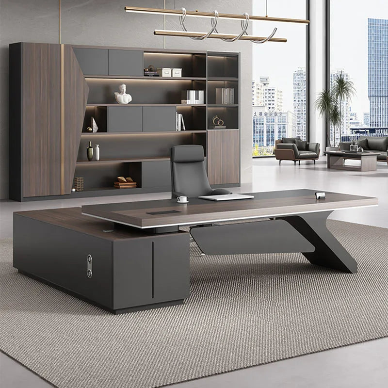 Luxury Mid-Century Black L-Shaped Executive Desk