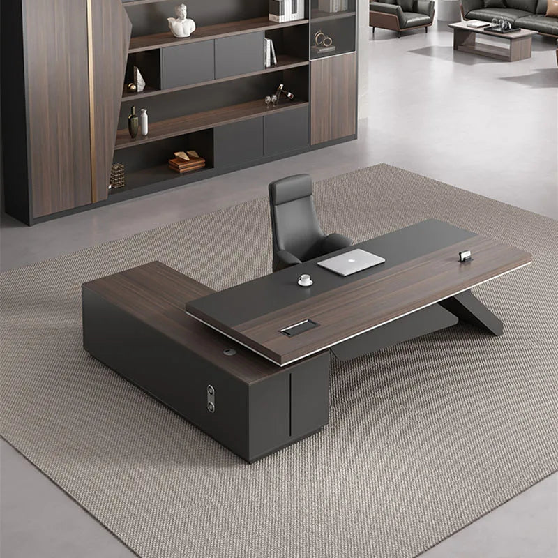 Luxury Mid-Century Black L-Shaped Executive Desk