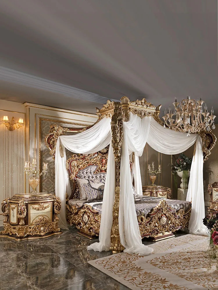 Wood Carved Palace Luxury Canopy Bed Villa Princess Bed