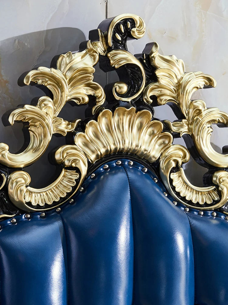 European Style Solid Wood Bed: Genuine Leather Ebony Princess Bed—American Light Luxury Villa Furniture.