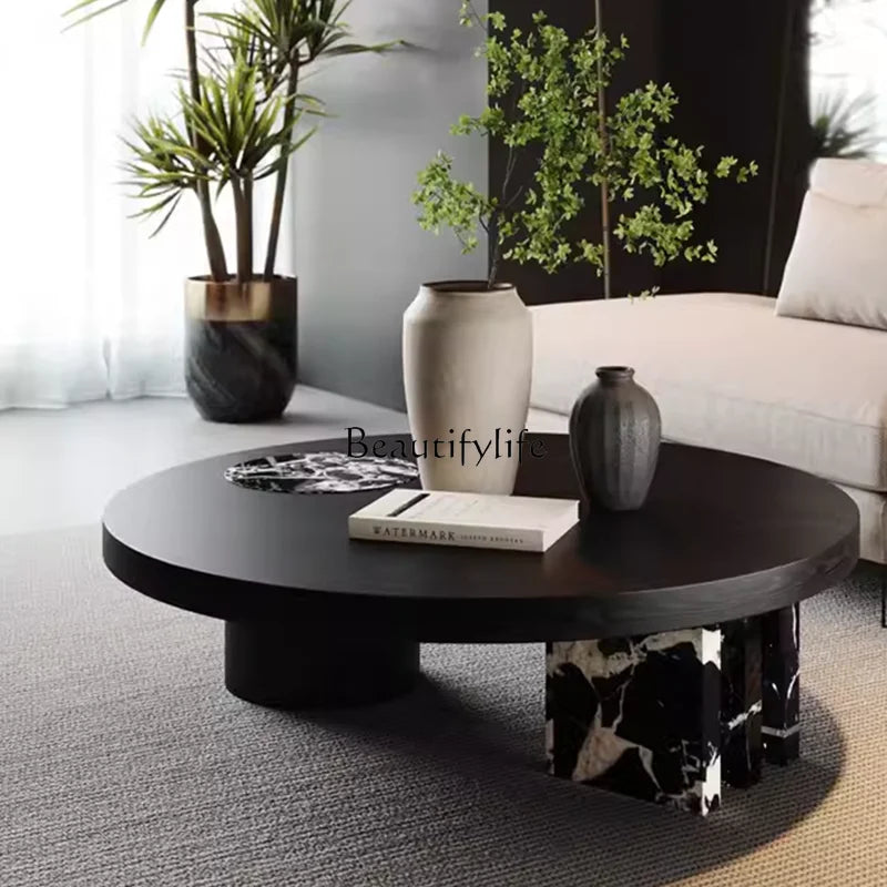 Italian black round coffee table modern simple light luxury marble rock slab coffee table