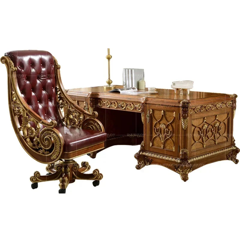 Custom villa furniture featuring an American luxury European-style desk, crafted from solid wood with intricate carvings.