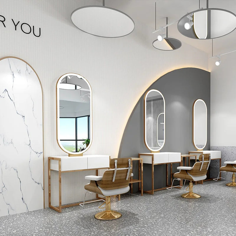High quality barbershop furniture three seater salon mirror table gold oval barber station with led