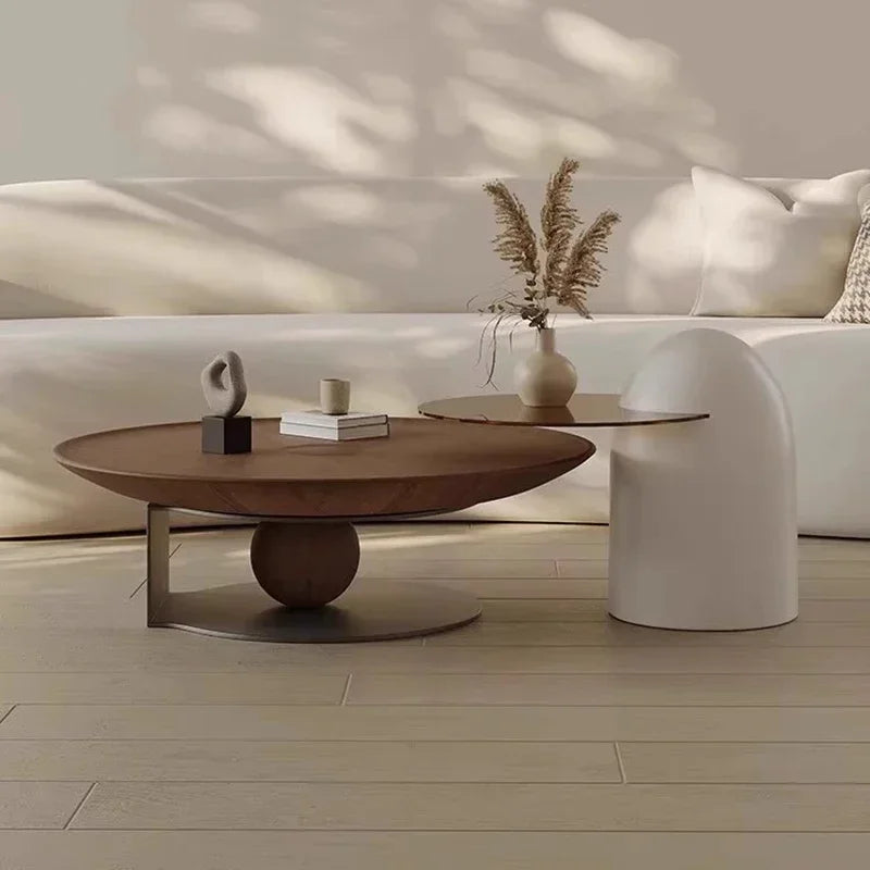 Italian Luxury Coffee Table – Modern Vintage Wood with Round Metal Frame Legs