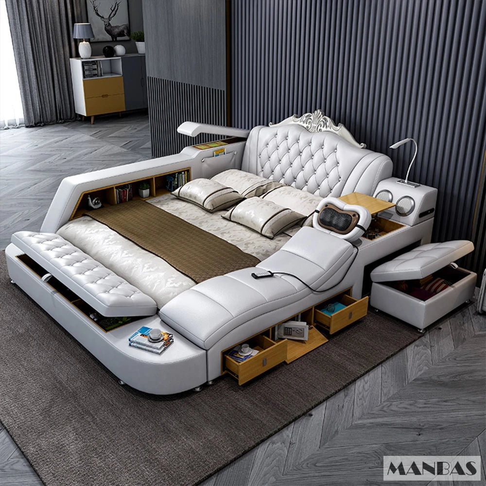 Tech Smart Multifunctional Bed with Genuine Leather, Massage, USB, Bluetooth Speaker, and Tatami for Safety.