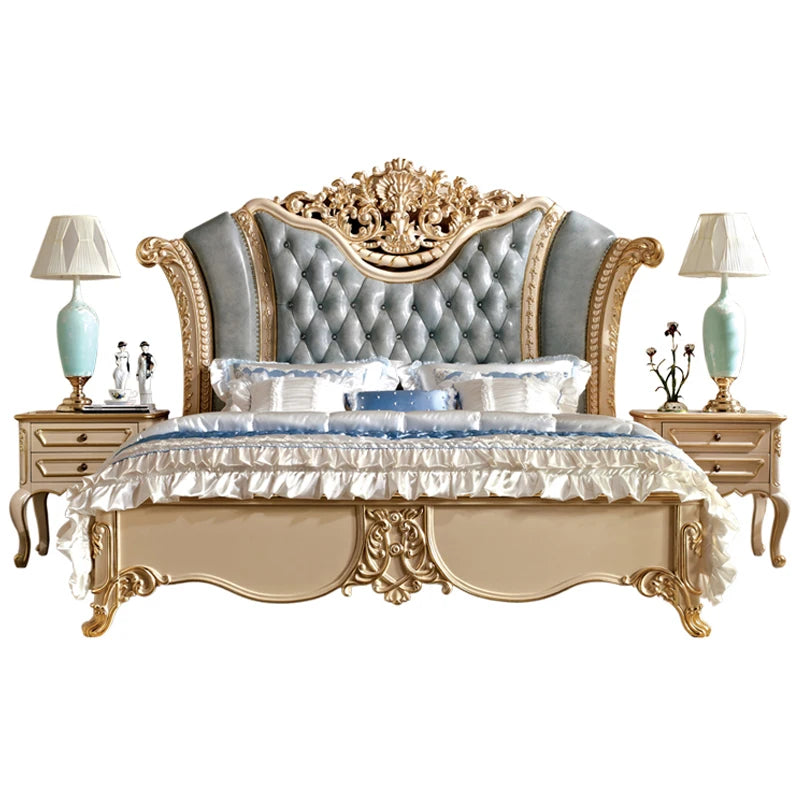 European Solid Wood Bed – 1.8m Carved Leather Wedding Bed