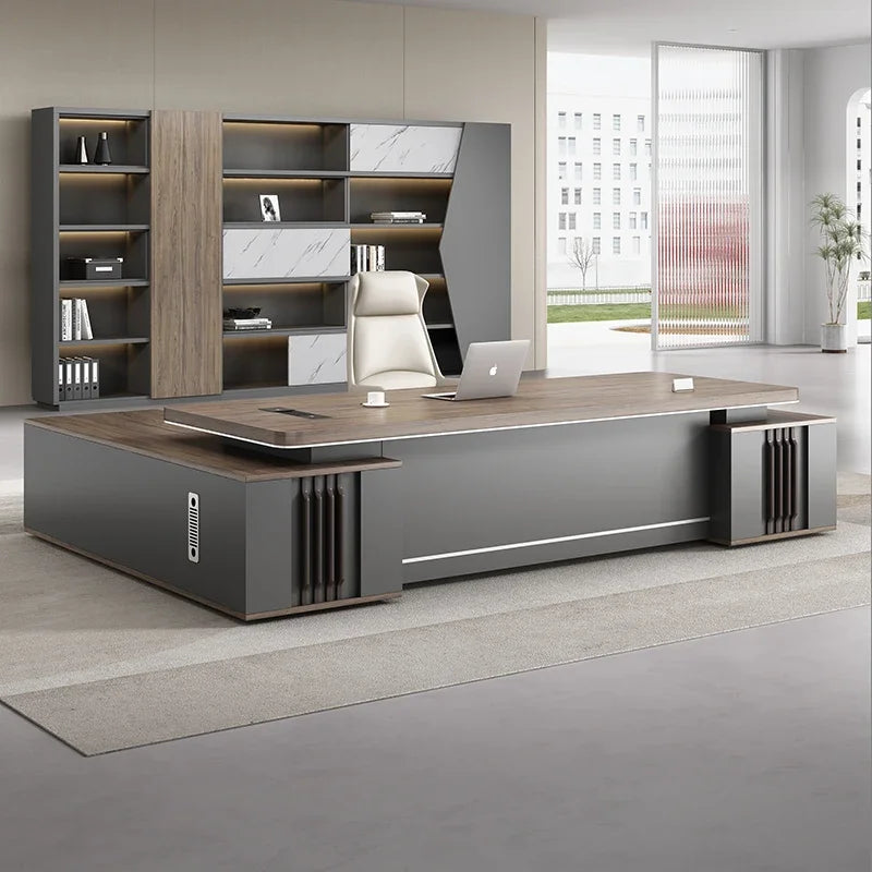 European L-Shaped Office Desk with Drawers and Shelf
