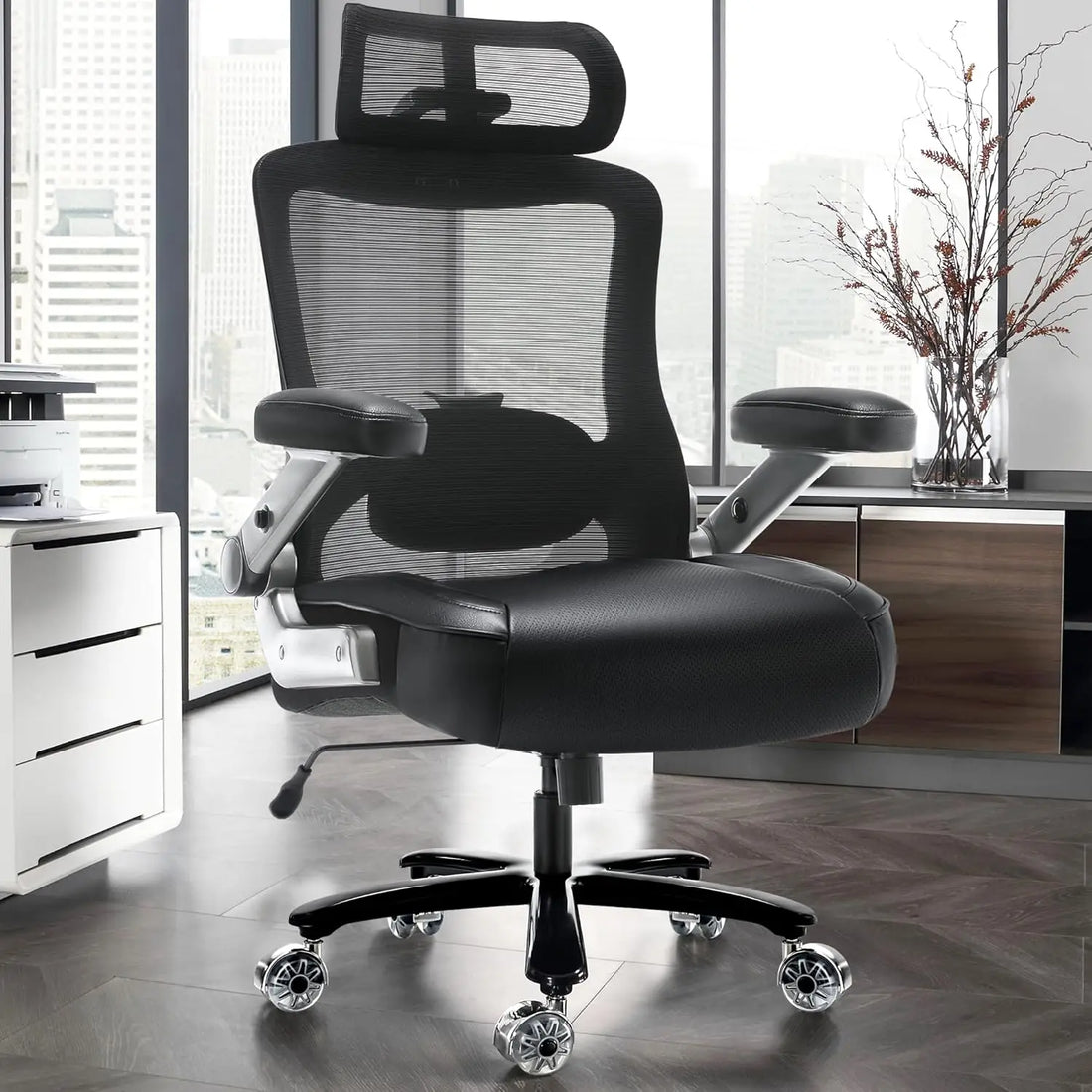 500lbs Big & Tall Office Chair – Heavy Duty Executive Mesh Chair with 3D Flip Arms, Large Wheels, Ergonomic High Back