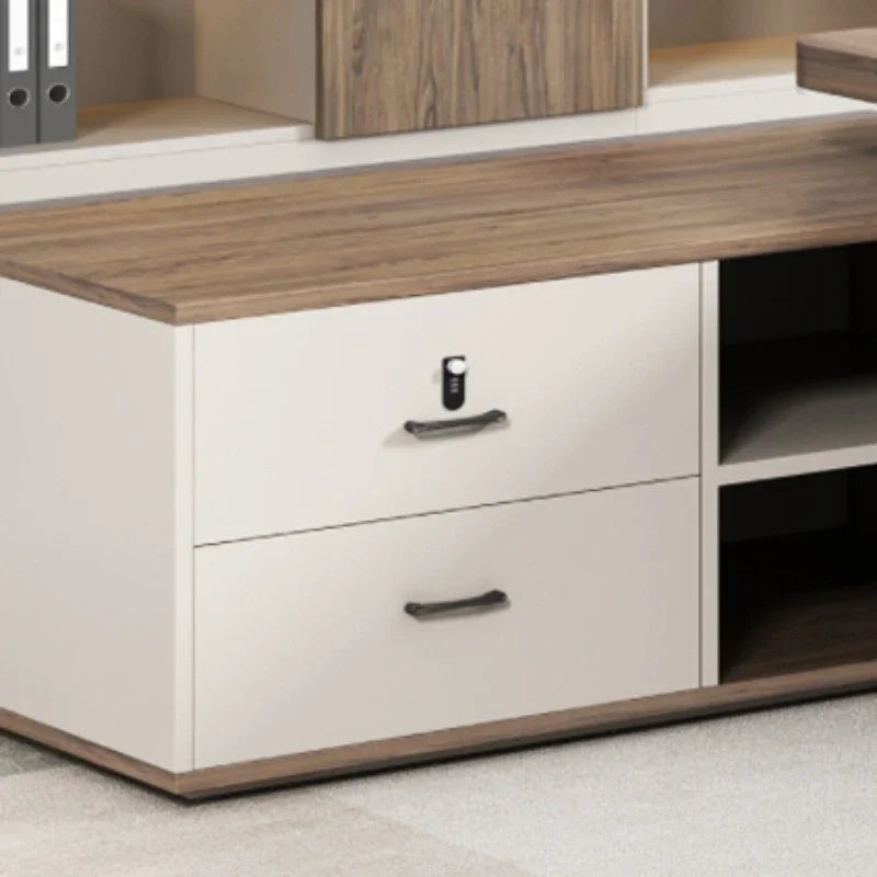 European L-Shaped Office Desk with Drawers and Shelf