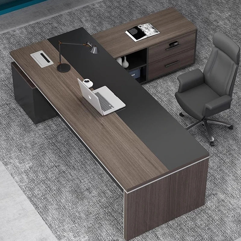 Black L-shaped executive office desks with drawer