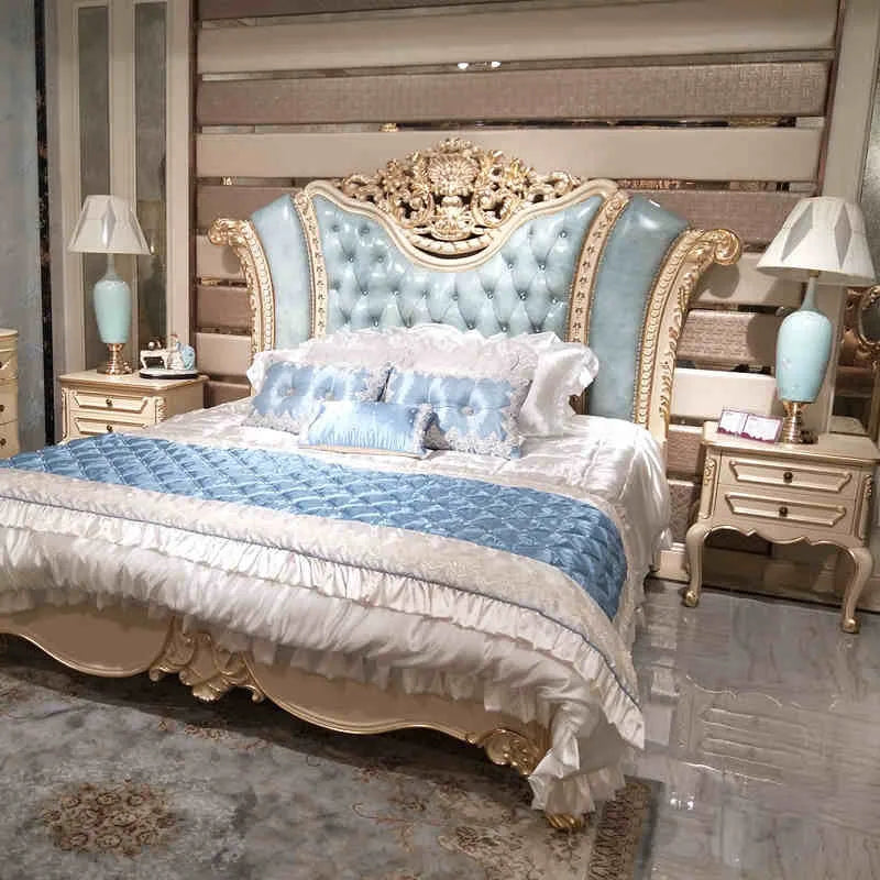 European Solid Wood Bed – 1.8m Carved Leather Wedding Bed