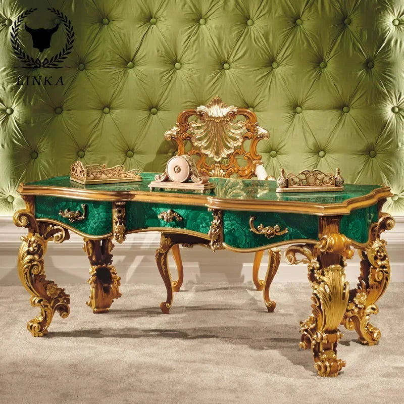 European Solid Wood Desk: Luxury Emerald Green with Gold Foil, Italian-French Carved Design, Customizable for Villas.