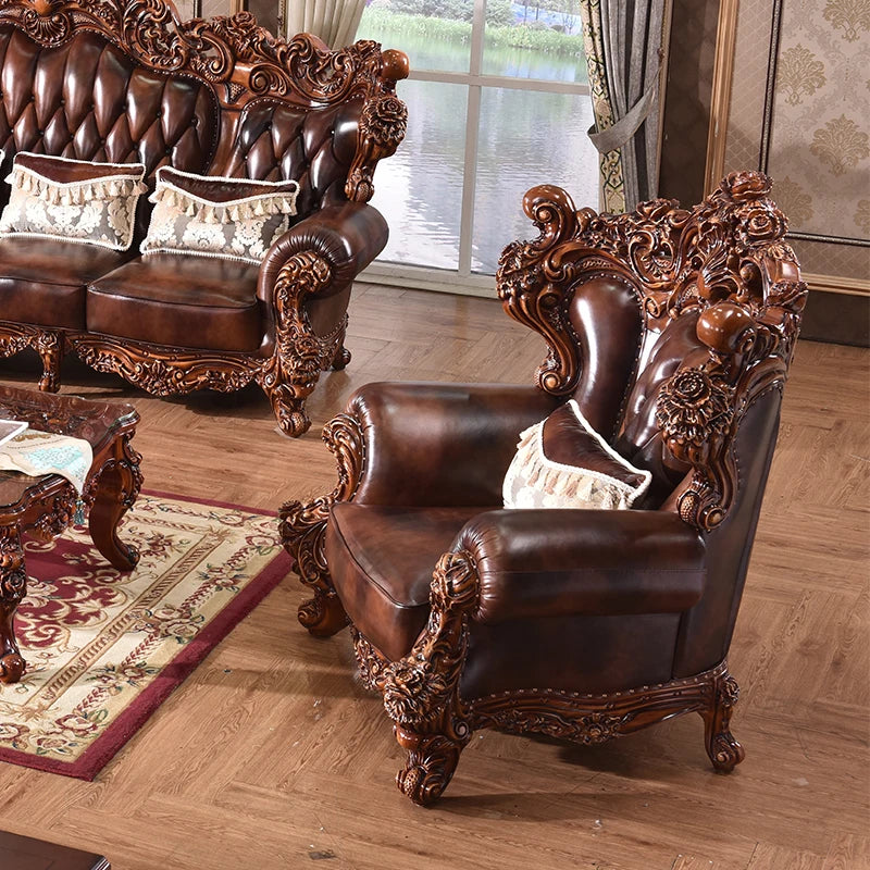 European-Style Leather Sofa: Solid Wood Carving with First Layer Cowhide, Ideal for Large Villa Living Rooms.