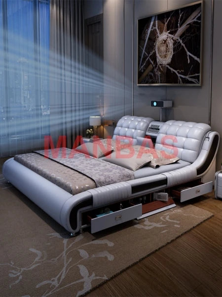 Multifunctional Bed Tech Smart Beds Ultimate Camas TATAMI Massage Lit Genuine Leather Bed with Audio,Projector, Air Purifier