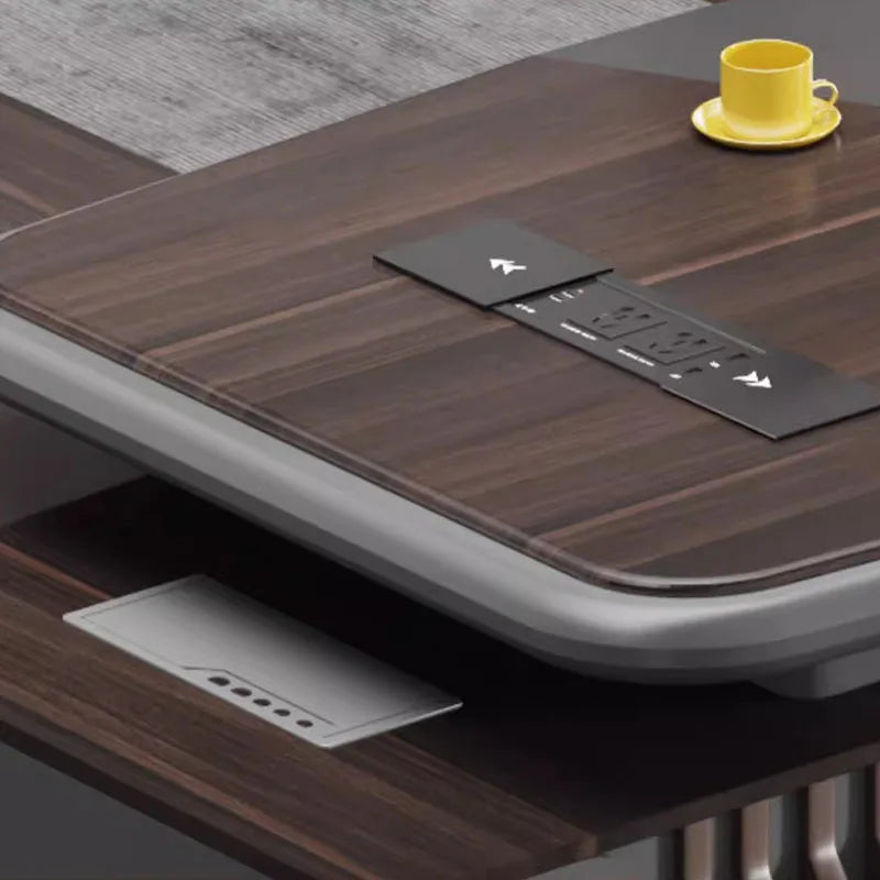 Modern L-shaped standing office desk with wooden drawers