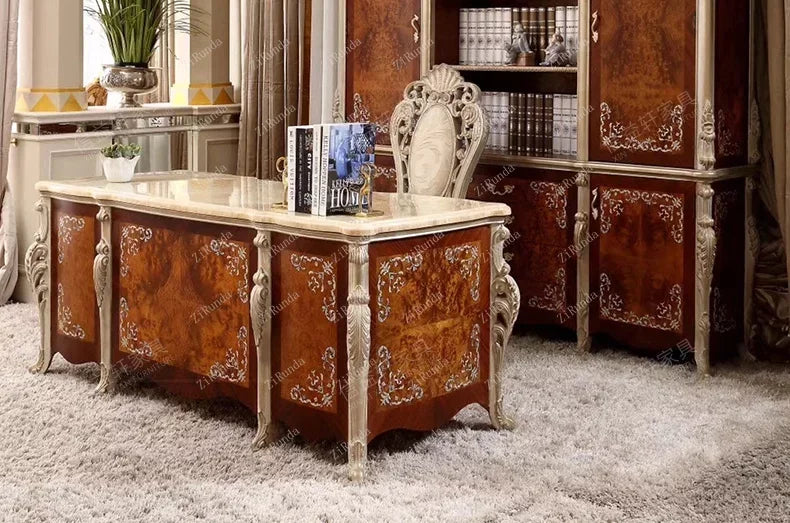 Customizable Luxury Desk and Chair Set with Solid Wood and Marble