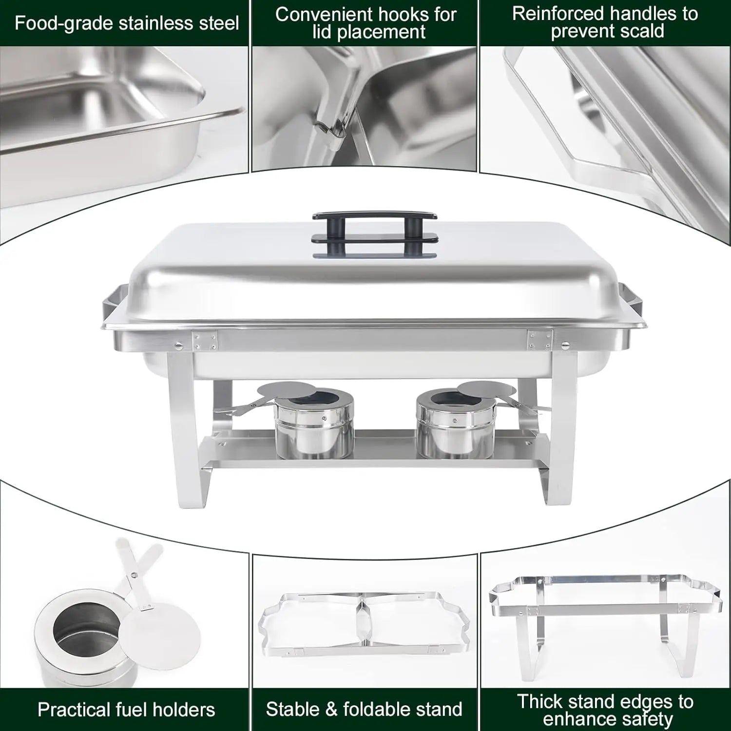 4-Pack Chafing Dish Buffet Set – 8QT Stainless Steel Rectangular Chafer