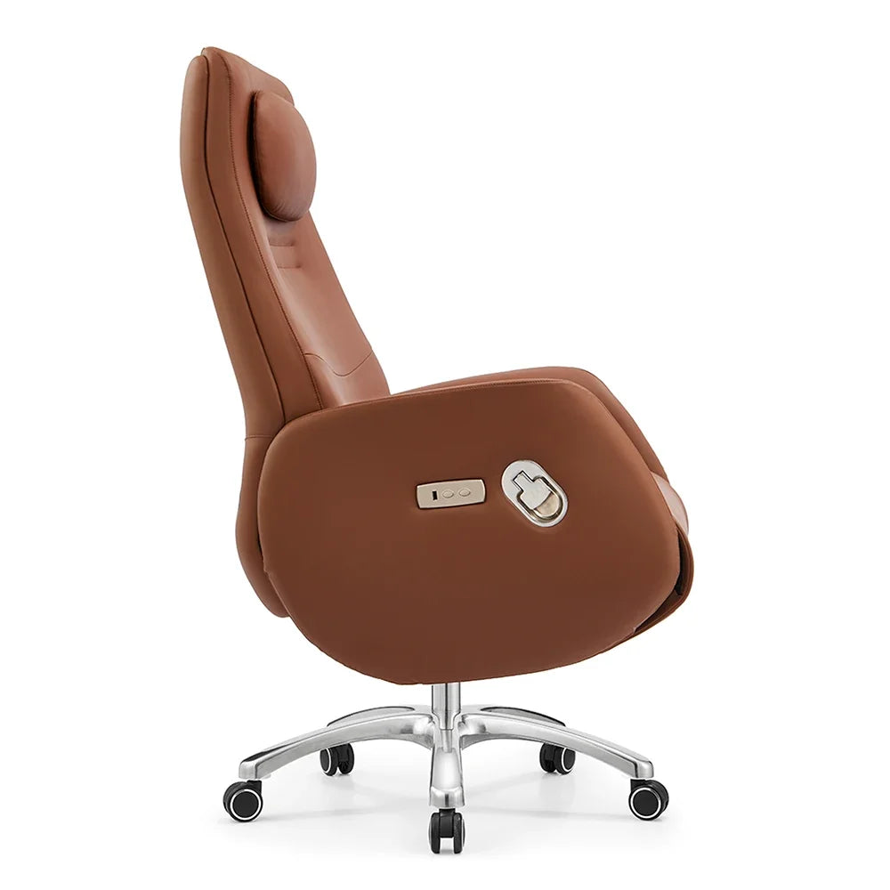 Luxury Electric Reclining Leather Boss Office Chair with Wooden Base.