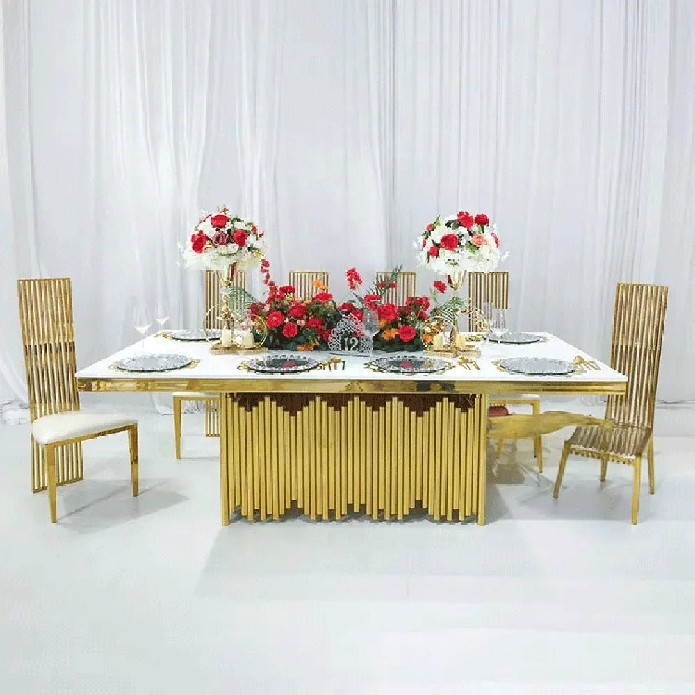 Wholesale luxury banquet table stainless steel base with glass or mdf top rectangle wedding dining tables set