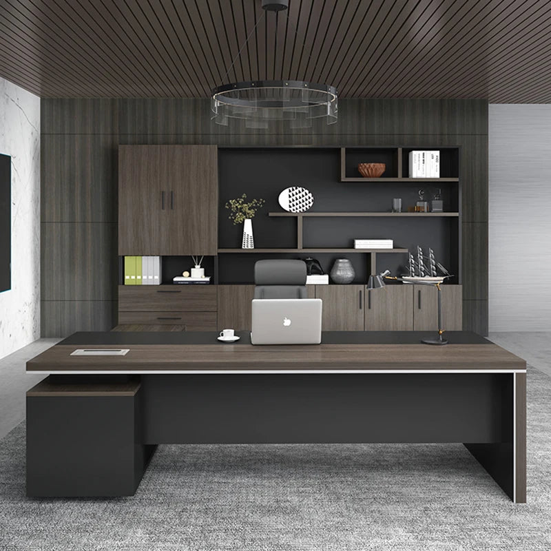 Black L-shaped executive office desks with drawer