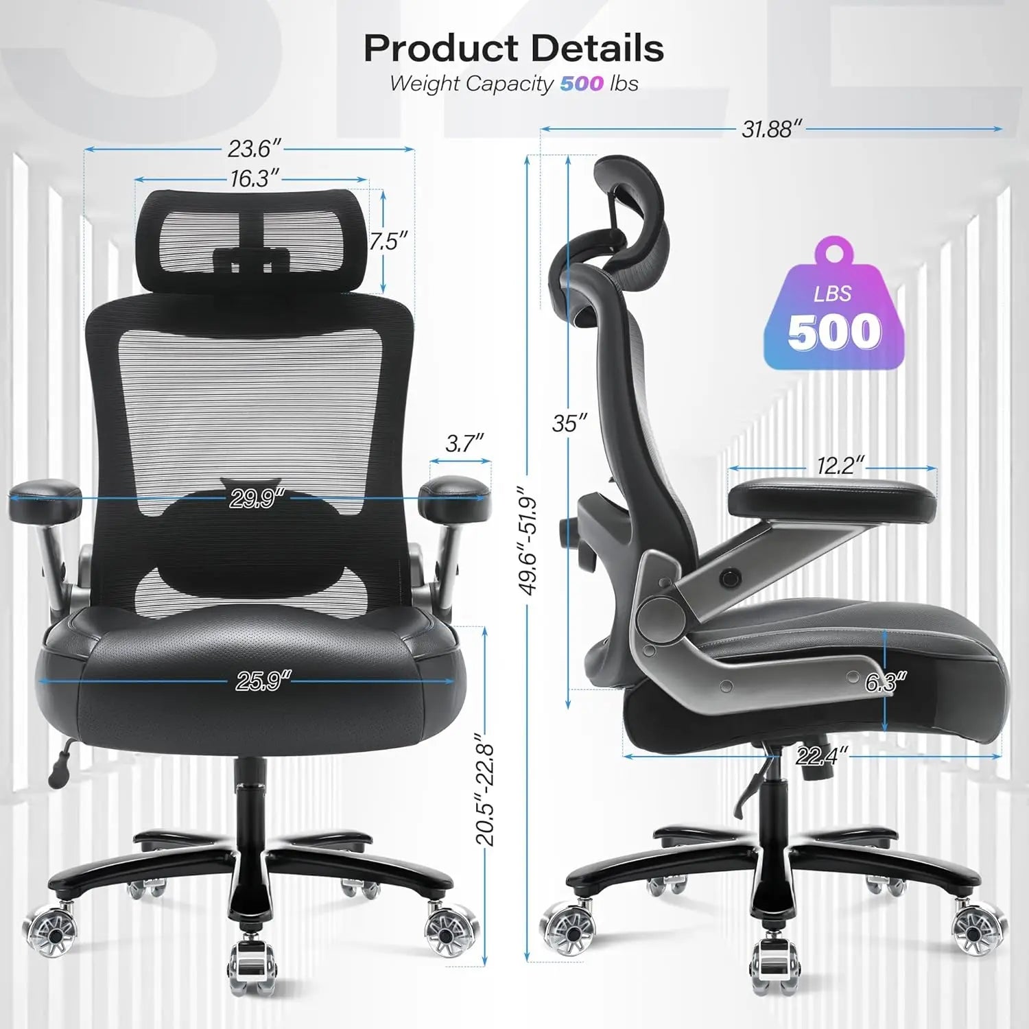 500lbs Big & Tall Office Chair – Heavy Duty Executive Mesh Chair with 3D Flip Arms, Large Wheels, Ergonomic High Back