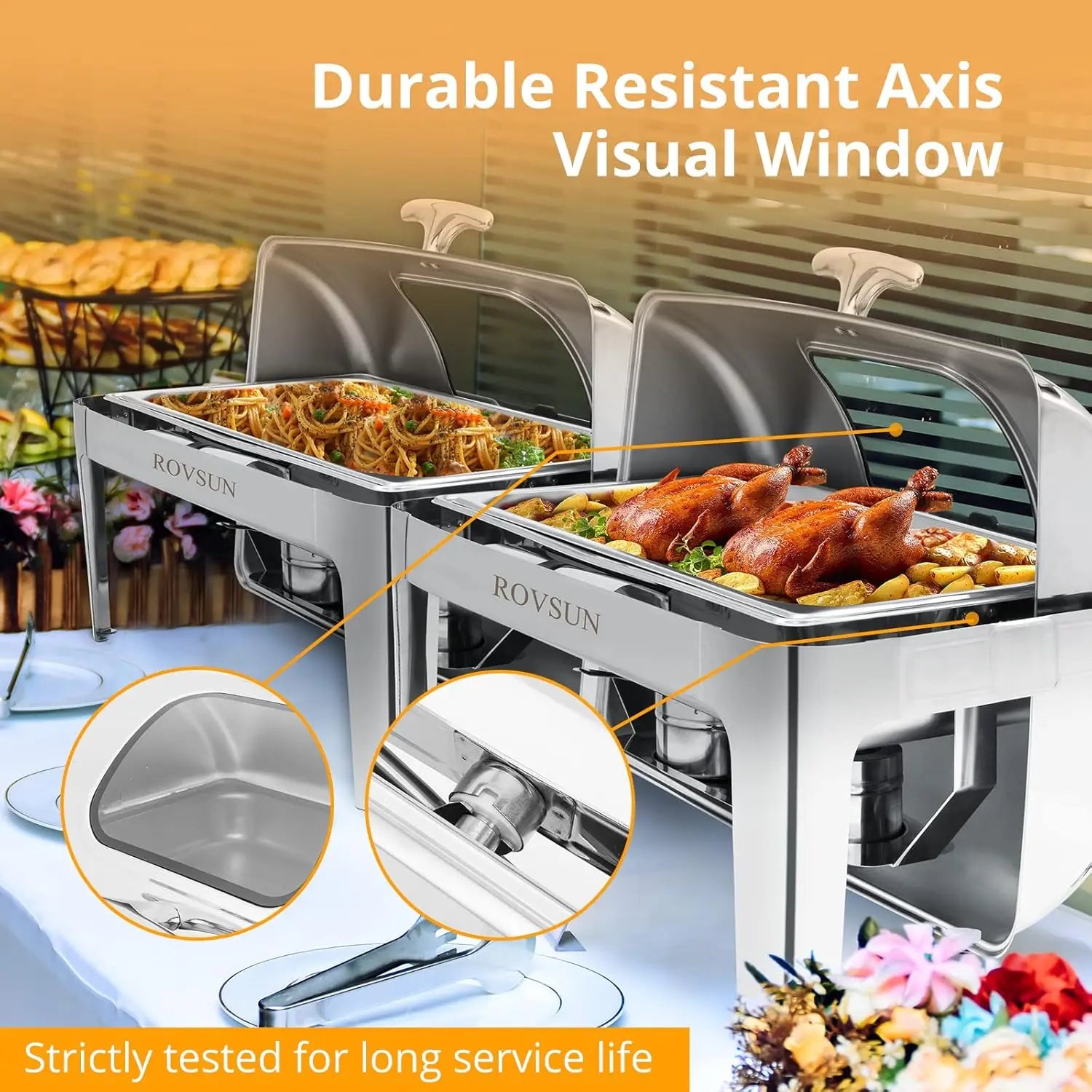 ROVSUN 2 Pack Roll Top Chafing Dish Buffet Set, 9 Quart NSF Rectangular Stainless Steel Chafer for Catering,Buffet Servers