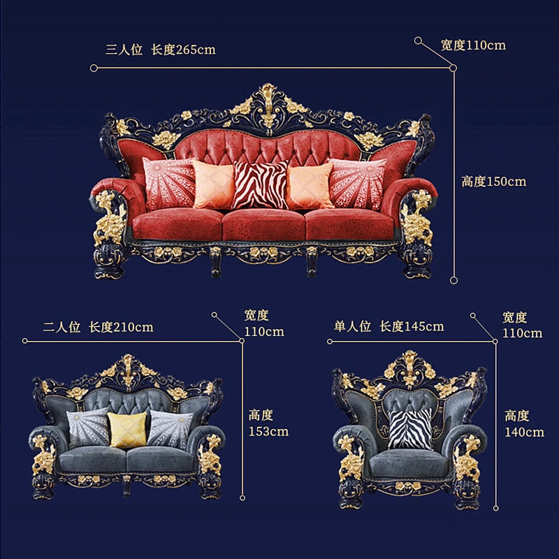 European Style Sofa Set: 123 Leather with Solid Wood Carvings, Modern Couch in Top Layer Cowhide