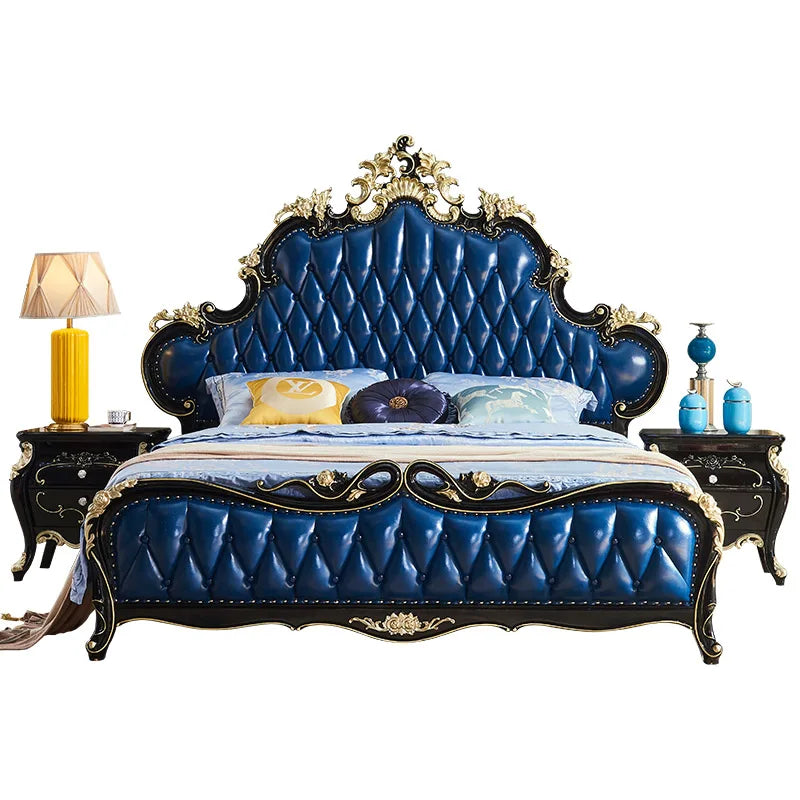 European Style Solid Wood Bed: Genuine Leather Ebony Princess Bed—American Light Luxury Villa Furniture.