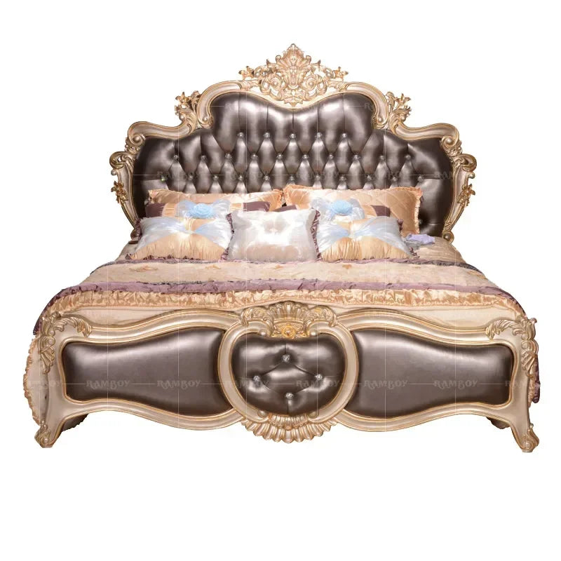 European Villa Solid Wood Carved Double Leather King Bed