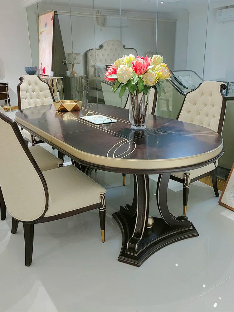 American Light Luxury Solid Wood Oval Dining Table – High-End Rectangular Table & Chair Set