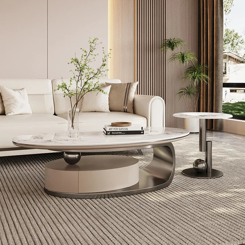 Metal Coffee Table – Modern Elipse Design with Italian White Marble Top