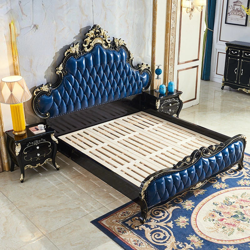 European Style Solid Wood Bed: Genuine Leather Ebony Princess Bed—American Light Luxury Villa Furniture.