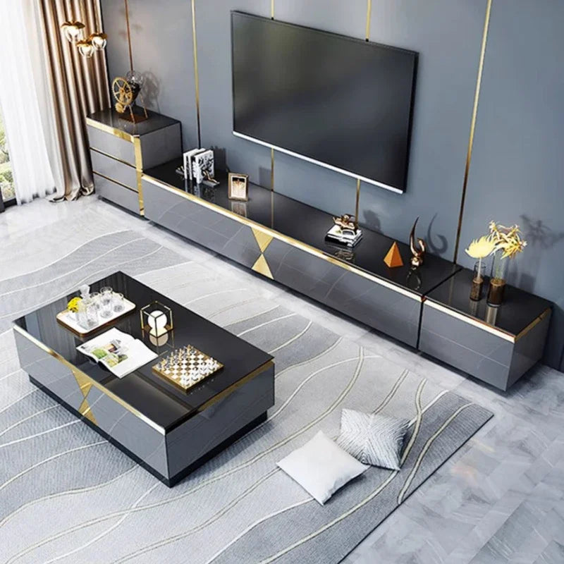 Luxury Modern Wooden TV Cabinet – Black and Gold Floor Unit with Drawers for Living Room.