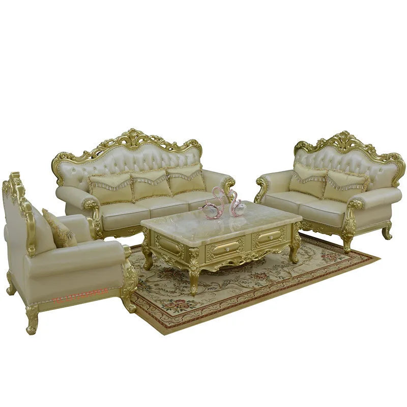 European-Style Leather Sofa Combination 123: Luxury Full Solid Wood Oak Sofas, Champagne Couch for Modern Living Rooms.